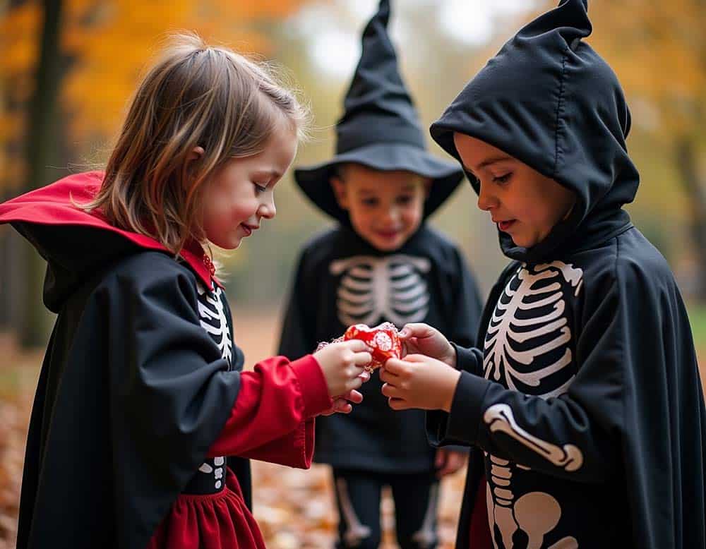 Kinder verkleidet als Vampire und Skelette sammeln Süßes oder Saures (NF)